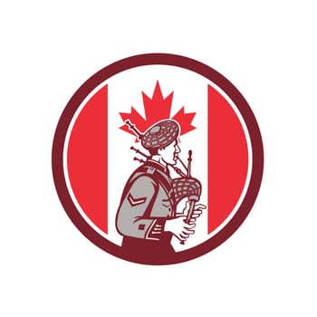 Icon retro style illustration of a Canadian bagpiper playing the bagpipes with Canada maple leaf flag set inside circle on isolated background.