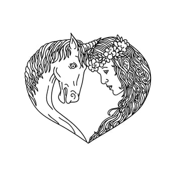 Drawing sketch style illustration of a unicorn, a legendary horse creature with one horn and princess maiden facing each other forming a heart shape viewed from side on isolated background.