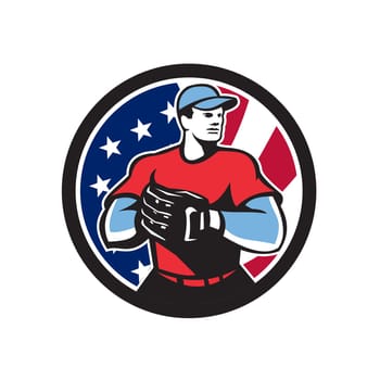 Icon retro style illustration of an American baseball pitcher or catcher wearing mitts  with United States of America USA star spangled banner or stars and stripes flag inside circle isolated background.