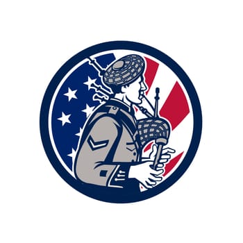 Icon retro style illustration of an American bagpiper playing the Scottish Great Highland bagpipes with United States of America USA star spangled banner or stars and stripes flag inside circle.