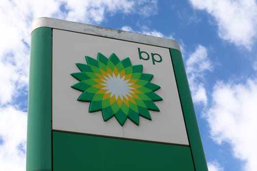 Menton, France - March 19, 2018: British Petroleum Petrol Station Logo Against Blue Sky. British Petroleum is a British Multinational Oil And Gas Company, One of The World's Seven Oil And Gas Supermajors