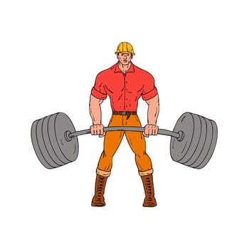 Cartoon style illustration of a buffed lumberjack, logger ,woodcutter, shanty boy, woodhick or timber cutter lifting a heavy weights barbell viewed from front wearing hard hat on isolated background.