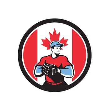 Icon retro style illustration of a Canadian baseball pitcher or catcher wearing mitts with Canada maple leaf flag set inside circle on isolated background.