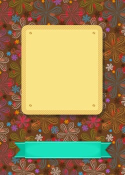 Floral greeting card. Colorful geometric flowers. Yellow and green banners for custom text. Dark background