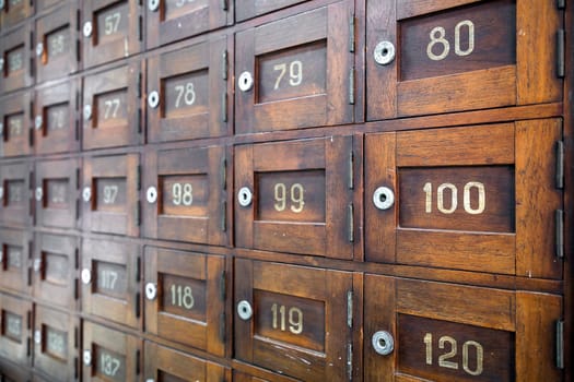 Old wooden Post Box with numbers selective focus.