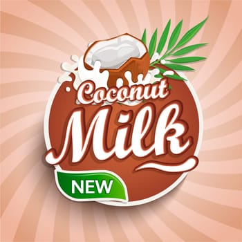 Logo, label of fresh coconut milk on sunburst background. Milky splashing with drops from falling delicious coconut. Vector illustration for your design, packaging and advertising.