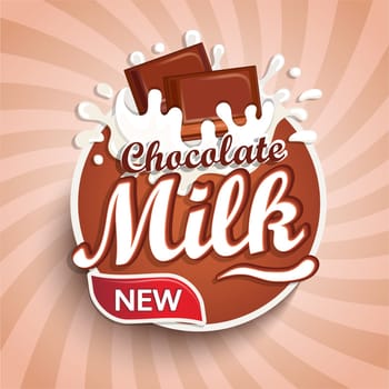Logo, label of fresh chocolate milk on sunburst background. Milky splashing with drops from falling pieces of delicious chocolate. Vector illustration for your design, packaging and advertising.