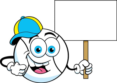 Cartoon illustration of a baseball wearing a baseball cap and holding a sign.