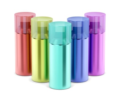 Aerosol spray cans with different colors on white background