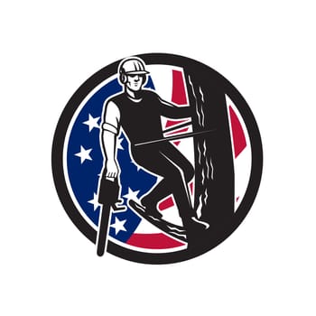 Icon retro style illustration of American tree surgeon, arborist, tree surgeon, arboriculturist, holding chainsaw United States of America USA star spangled banner stars and stripes flag in circle.