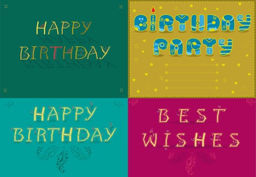 Greeting cards with text Happy Birthday, Best wishes by artistic country font. Floral patterns. Invitation to birthday party with place for custom text.  illustration