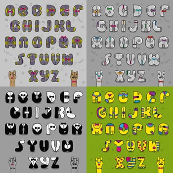 Artistic vintage alphabets. Dressed letters. Gray symbols with ties. Font with black and white suites. Yellow cartoon font. illustration.