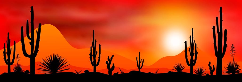 Sunset sun in a stony desert. Silhouettes of stones, cacti and plants. Desert landscape with cacti. The stony desert.