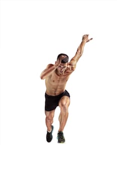 The studio shot of high jump athlete is in action on pink background