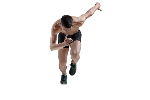 The studio shot of high jump athlete is in action on pink background