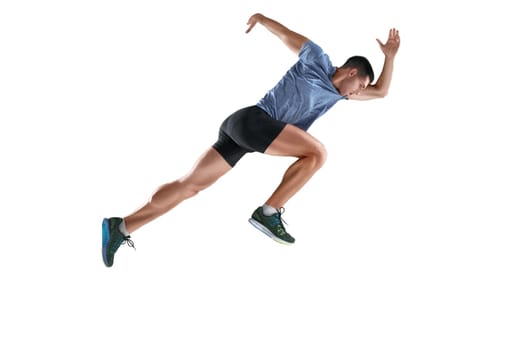 The studio shot of high jump athlete is in action on pink background