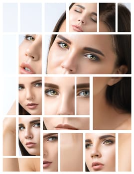 collage of a beautiful woman face with perfect clean skin. The one young caucasian model on white studio. Female beauty and emotions concept. pretty girl.