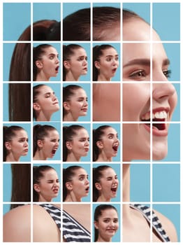 The collage of different human facial expressions, emotions and feelings of young woman. Happy businesswoman standing and smiling isolated on studio background. Human emotions, facial expression concept.