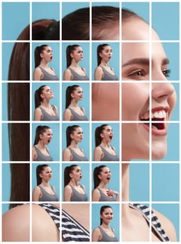 The collage of different human facial expressions, emotions and feelings of young woman. Happy businesswoman standing and smiling isolated on studio background. Human emotions, facial expression concept.