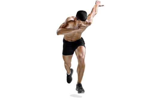 The studio shot of high jump athlete is in action isolated on white background
