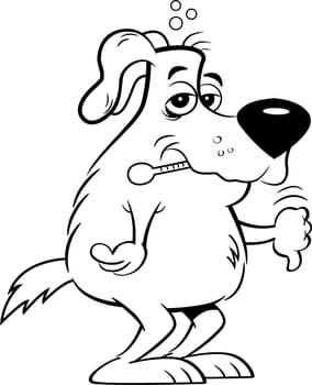 Black and white illustration of a sick dog with a thermometer in his mouth.