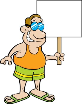 Cartoon illustration of a man wearing a swimsuit and holding a sign.