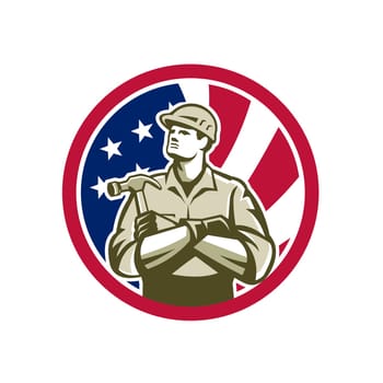 Icon retro style illustration of American builder, carpenter, construction worker with hammer arms crossed  with United States of America USA star spangled banner or stars and stripes flag in circle.