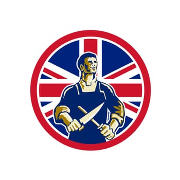 Icon retro style illustration of a British butcher sharpening knife viewed from front with United Kingdom UK, Great Britain Union Jack flag set inside circle on isolated background.