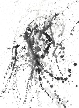 Splatters, splinter, blotches, blots and blobs of paint on white paper