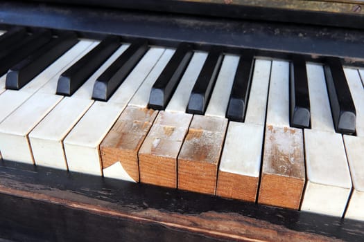 Detail of old, broken and dusty piano claviature.