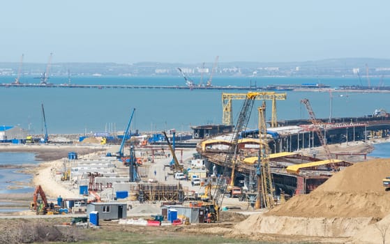 Taman, Russia - 15 April 2017: View of the construction of a transport crossing through the Kerch strait from the tamani side, which will connect the Kerch and Taman peninsulas, as of April 2017
