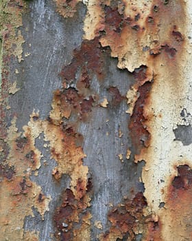 Cracked and peeled paint on the rusty iron surface