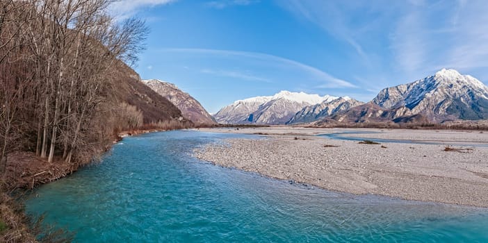 Beauty landscape of mountains and river. Alps Friuli Italy.