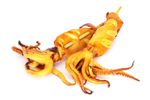 Grilled squid,squid as a snack on a white background