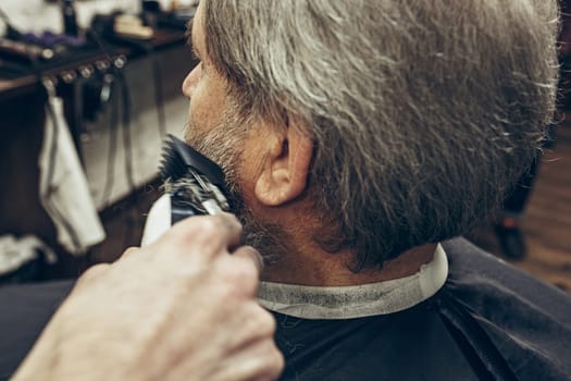 Close-up side back view handsome senior bearded caucasian man getting beard grooming in modern barbershop. Hairdresser serving client, making beard haircut using shaving machine. Barber shop concept.