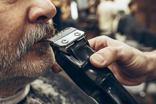 Close-up side view portrait of handsome senior bearded caucasian man getting beard grooming in modern barbershop. Hairdresser serving client, making beard haircut using shaving machine. Barber shop concept.