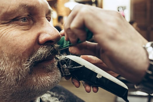 Close-up side view portrait of handsome senior bearded caucasian man getting beard grooming in modern barbershop. Hairdresser serving client, making beard haircut using shaving machine. Barber shop concept.