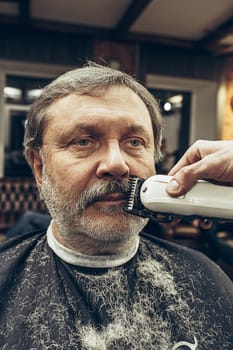 Close-up side view portrait of handsome senior bearded caucasian man getting beard grooming in modern barbershop. Hairdresser serving client, making beard haircut using shaving machine. Barber shop concept.