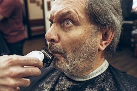 Close-up side view portrait of handsome senior bearded caucasian man getting beard grooming in modern barbershop. Hairdresser serving client, making beard haircut using shaving machine. Barber shop concept.