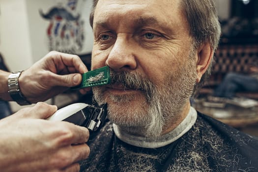 Close-up side view portrait of handsome senior bearded caucasian man getting beard grooming in modern barbershop. Hairdresser serving client, making beard haircut using shaving machine. Barber shop concept.