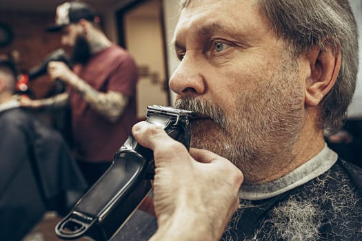 Close-up side view portrait of handsome senior bearded caucasian man getting beard grooming in modern barbershop. Hairdresser serving client, making beard haircut using shaving machine. Barber shop concept.