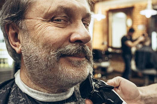 Close-up side view portrait of handsome senior bearded caucasian man getting beard grooming in modern barbershop. Hairdresser serving client, making beard haircut using shaving machine. Barber shop concept.