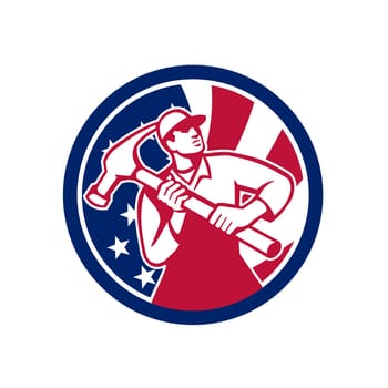 Icon retro style illustration of American handyman, carpenter, builder, joiner, construction worker hold hammer United States of America USA star spangled banner stars and stripes flag inside circle.
