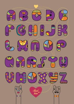 Artistic alphabet with encrypted romantic message You are not bad. Cartoon purple letters with bright decor. Funny hands looking at each other. Red heart is as the begining of message. Yellow heart is as the end. Illustration