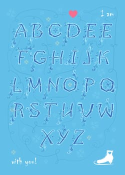 Artistic alphabet with encrypted romantic message I am enamored with you. Blue letters with geometric decor. White skate. Red heart. Graceful snowfall. Illustration
