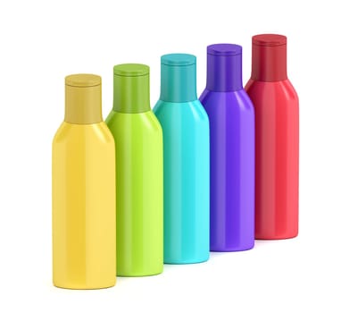 Group of plastic bottles for cosmetic liquids with different colors