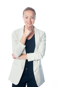 Portrait of casualy dressed,cheerful, beautiful, smart, young businesswoman in standing against white background.