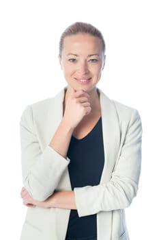 Portrait of casualy dressed,cheerful, beautiful, smart, young businesswoman in standing against white background.