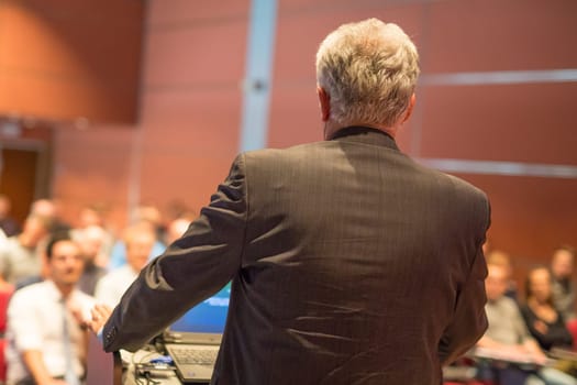 Speaker at Business Conference with Public Presentations. Audience at the conference hall. Entrepreneurship club. Rear view. Horisontal composition. Background blur.
