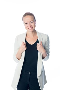 Portrait of casualy dressed,cheerful, beautiful, smart, young businesswoman in standing against white background.